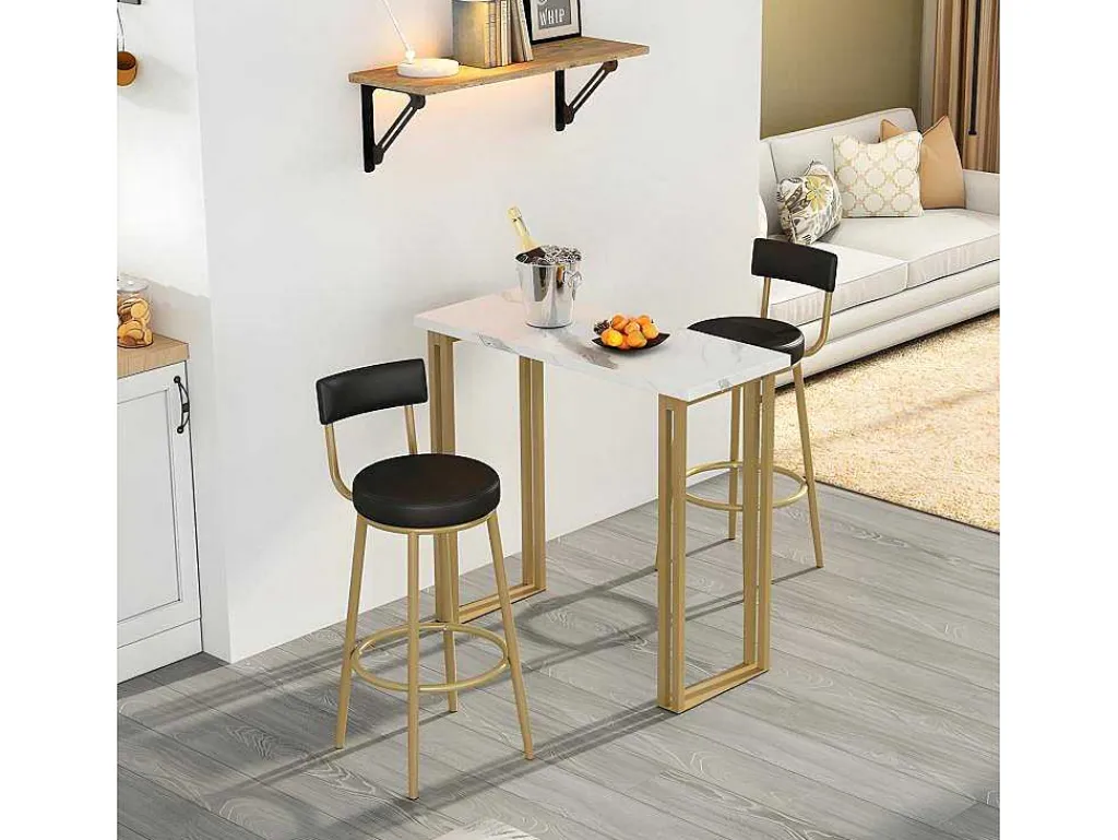 Staande Eettafel - 1 Tafel En 2 Krukken - Rechthoekige Tafel - Zwart & Goud-ModernLuxe