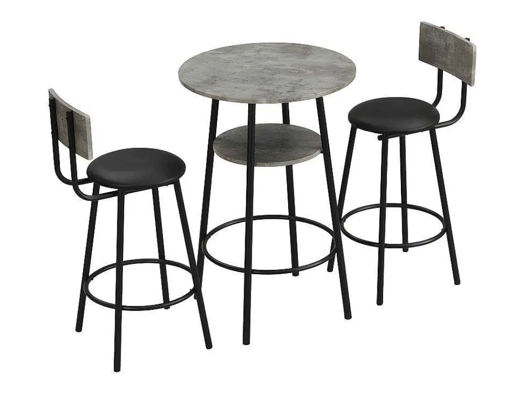 Staande Eettafel - 1 Tafel En 2 Krukken - Ronde Tafel Met Opbergplank - Zwart & Grijs-ModernLuxe