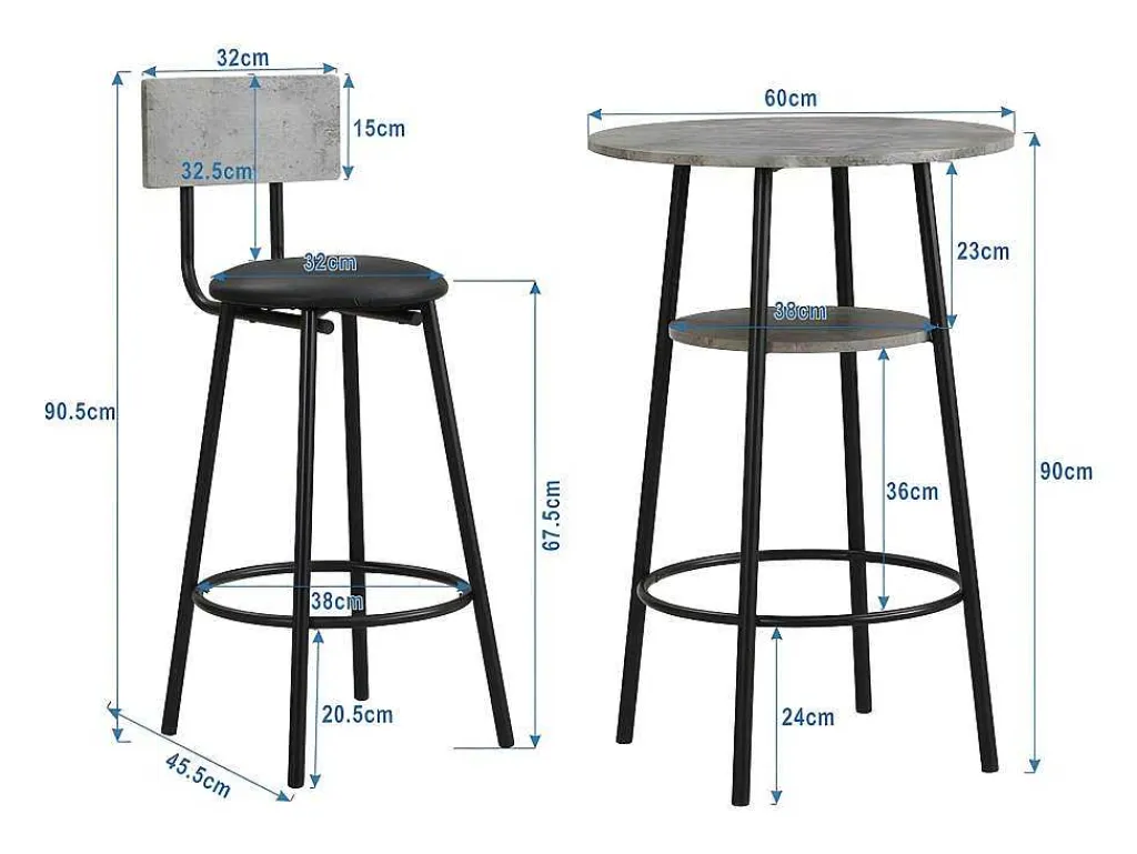 Staande Eettafel - 1 Tafel En 2 Krukken - Ronde Tafel Met Opbergplank - Zwart & Grijs-ModernLuxe