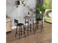 Staande Eettafel - 1 Tafel En 2 Krukken - Ronde Tafel Met Opbergplank - Zwart & Grijs-ModernLuxe