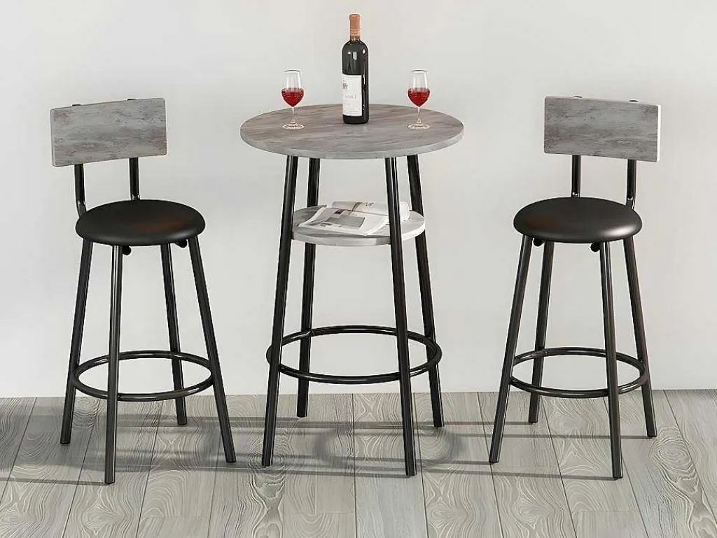 Staande Eettafel - 1 Tafel En 2 Krukken - Ronde Tafel Met Opbergplank - Zwart & Grijs-ModernLuxe