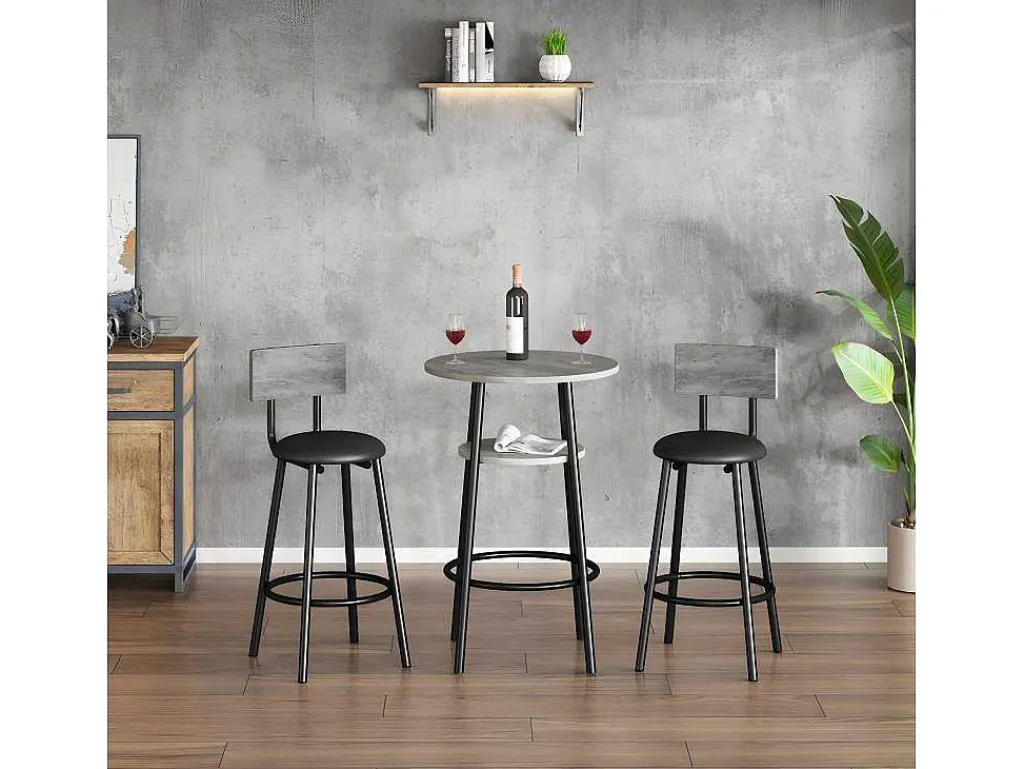 Staande Eettafel - 1 Tafel En 2 Krukken - Ronde Tafel Met Opbergplank - Zwart & Grijs-ModernLuxe