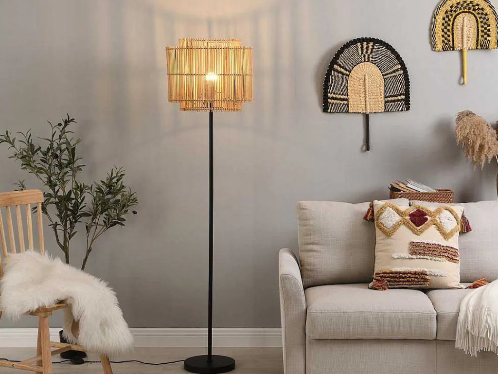Staande Lamp Etnische Stijl Van Bamboe En Zwart Metaal - D 40 Cm X H 157,5 Cm - Parana-OZAIA New