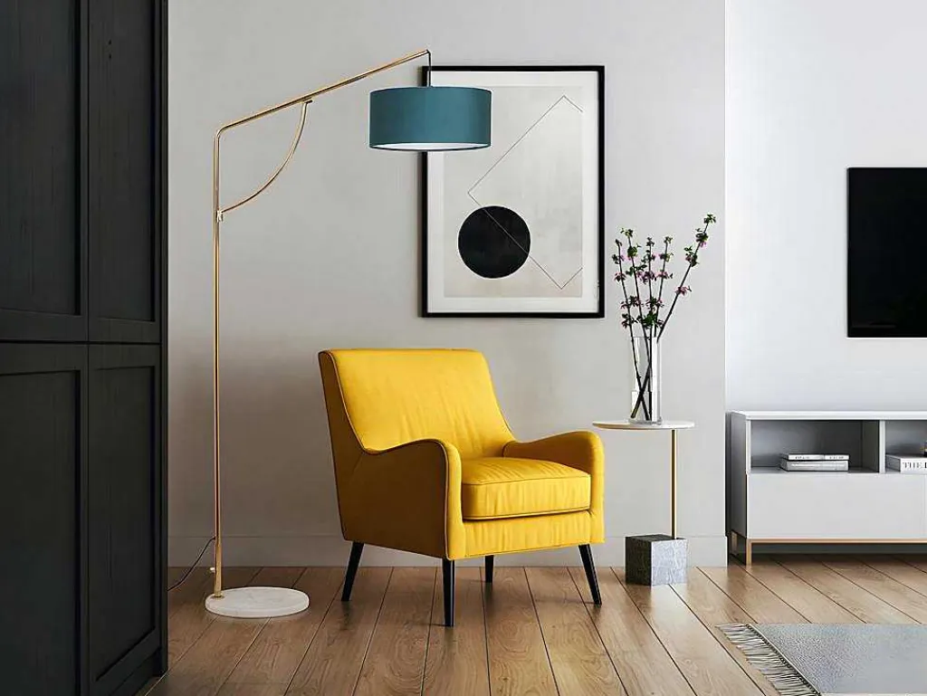 Staande Lamp Met Boog - Art-Decostijl Van Koper En Marmer - Velours - H164 Cm - Blauwgroen - Nour-OZAIA Hot