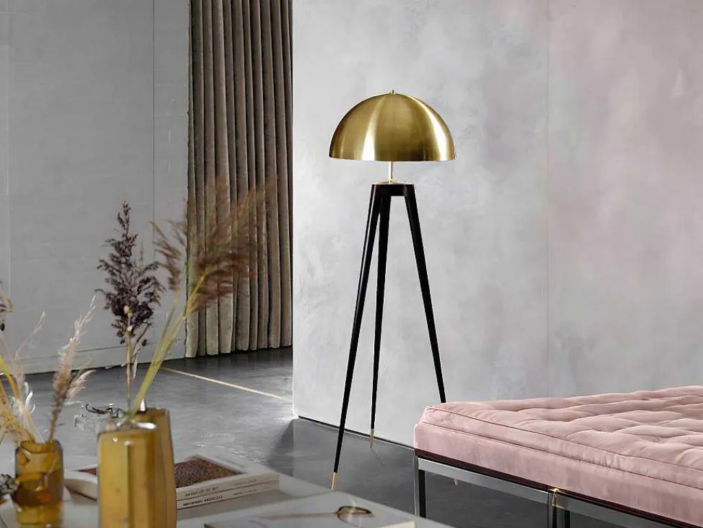 Staande Lamp Op Driepoot Van Metaal - H165 Cm - Zwart En Goudkleurig - Batley-OZAIA New