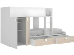 Stapelbed - Ingebouwde Kast - 2X90X190Cm - Wit En Eiken + Matras - Juanito-Vente-unique Sale