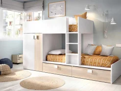 Stapelbed - Ingebouwde Kast - 2X90X190Cm - Wit En Eiken + Matras - Juanito-Vente-unique Sale