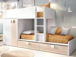 Stapelbed - Ingebouwde Kast - 2X90X190Cm - Wit En Eiken + Matras - Juanito-Vente-unique Sale