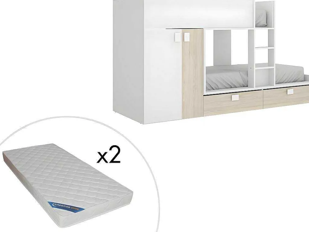 Stapelbed - Ingebouwde Kast - 2X90X190Cm - Wit En Eiken + Matras - Juanito-Vente-unique Sale
