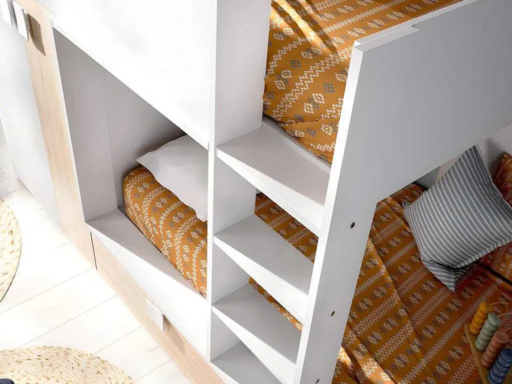 Stapelbed - Ingebouwde Kast - 2X90X190Cm - Wit En Eiken + Matras - Juanito-Vente-unique Sale