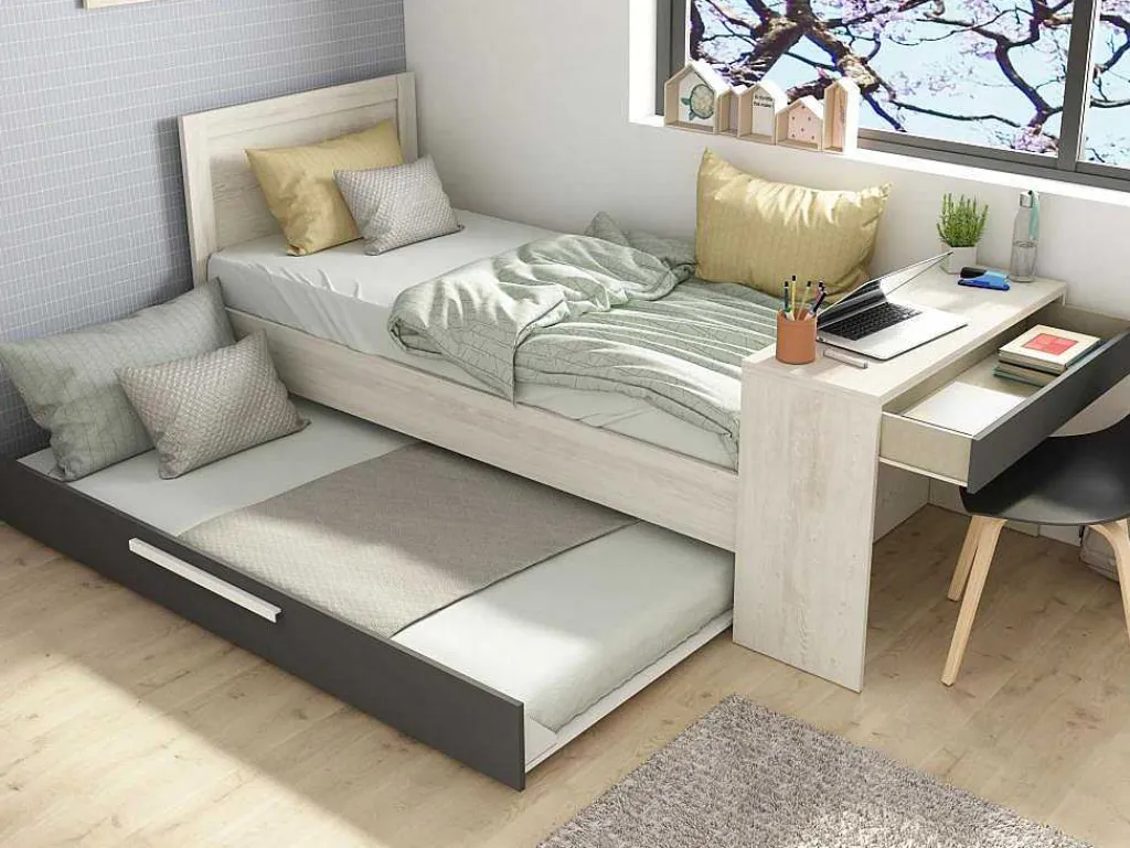 Stapelbed 2 X 90 X 200 Cm - Met Bureau - Kleur: Naturel En Antraciet - Vouani-Vente-unique Clearance