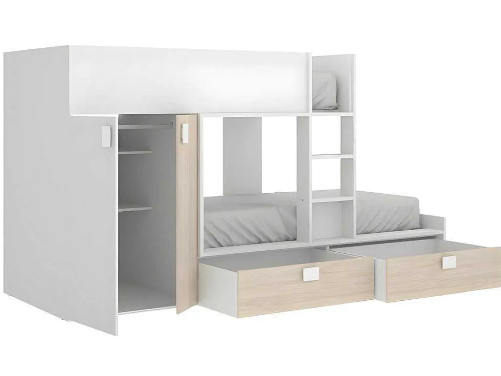 Stapelbed Juanito - Ingebouwde Kast - 2X90X190Cm - Wit En Eiken-Vente-unique New
