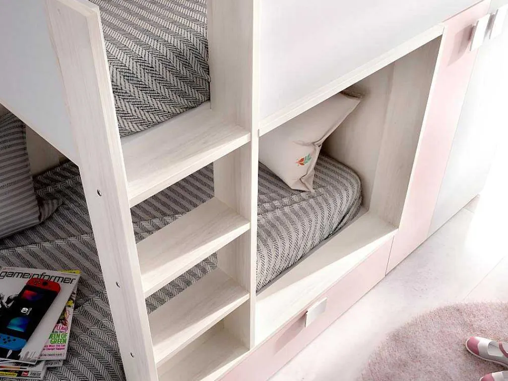 Stapelbed Juanito Met Ingebouwde Kast En Opbergruimte - 2X90X190Cm - Wit, Eiken En Roze-Vente-unique Sale
