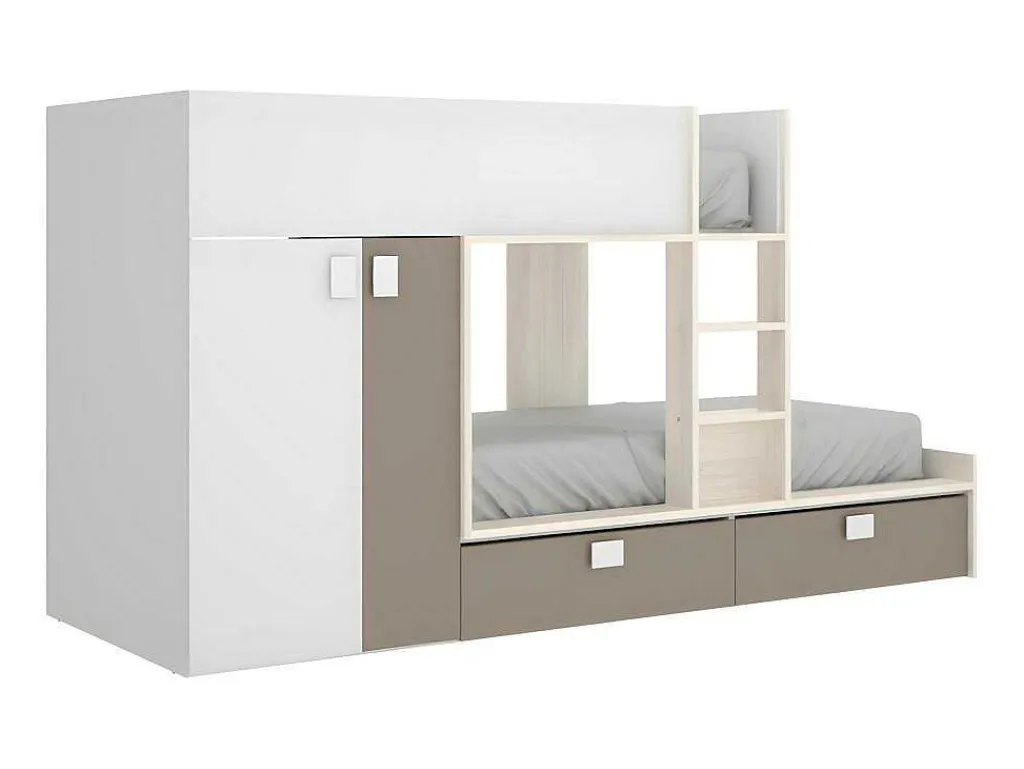 Stapelbed Juanito Met Ingebouwde Kast En Opbergruimte - 2X90X190Cm - Wit, Eiken En Taupe-Vente-unique