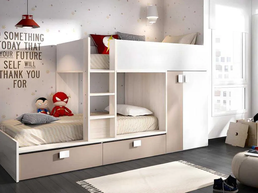 Stapelbed Juanito Met Ingebouwde Kast En Opbergruimte - 2X90X190Cm - Wit, Eiken En Taupe-Vente-unique