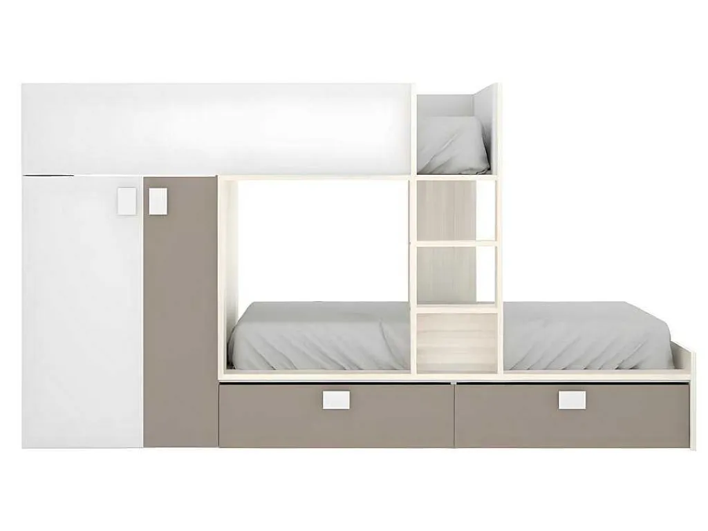 Stapelbed Juanito Met Ingebouwde Kast En Opbergruimte - 2X90X190Cm - Wit, Eiken En Taupe-Vente-unique