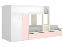 Stapelbed Met Ingebouwde Kast En Opbergruimte 2X90X190Cm - Wit, Eiken En Roze + Matras -Juanito-Vente-unique Outlet