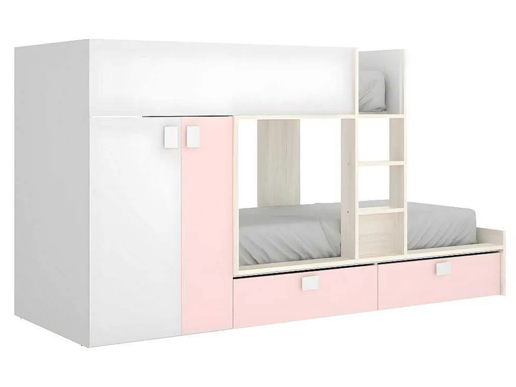 Stapelbed Met Ingebouwde Kast En Opbergruimte 2X90X190Cm - Wit, Eiken En Roze + Matras -Juanito-Vente-unique Outlet