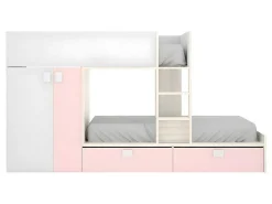 Stapelbed Met Ingebouwde Kast En Opbergruimte 2X90X190Cm - Wit, Eiken En Roze + Matras -Juanito-Vente-unique Outlet