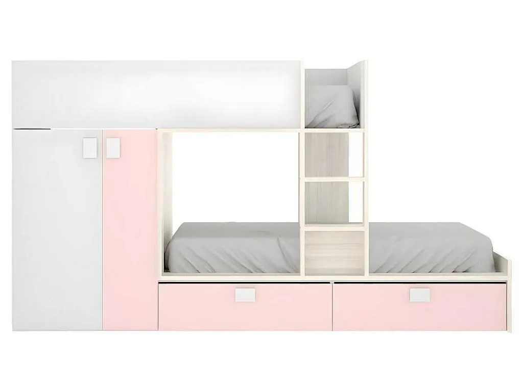 Stapelbed Met Ingebouwde Kast En Opbergruimte 2X90X190Cm - Wit, Eiken En Roze + Matras -Juanito-Vente-unique Outlet