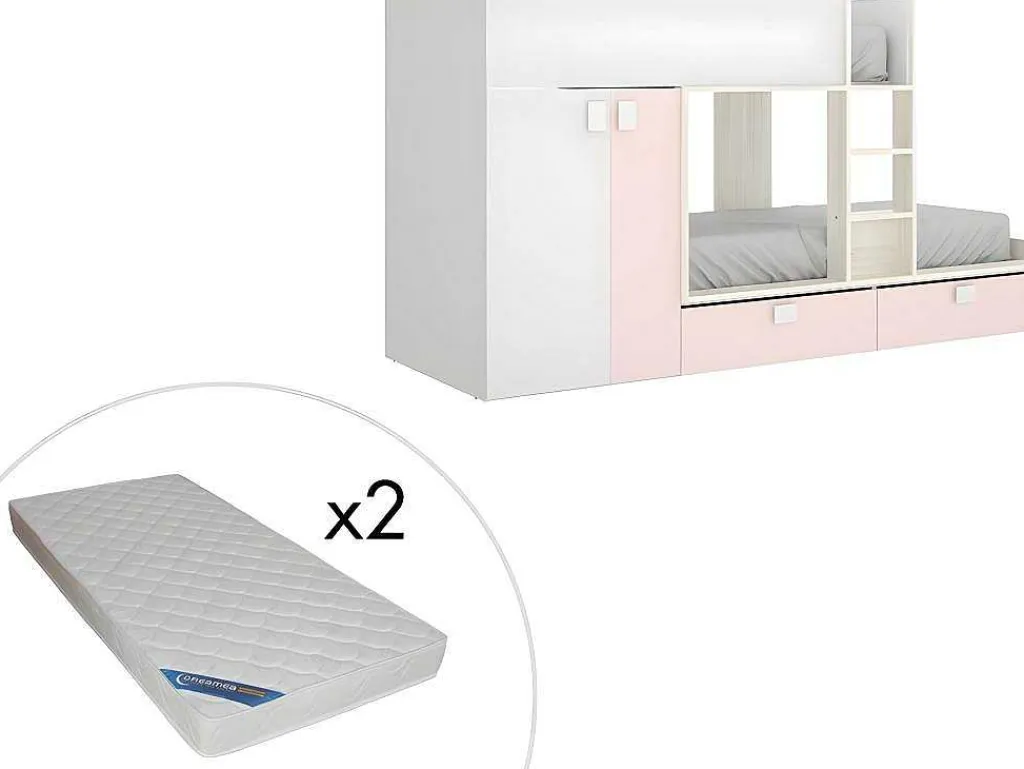 Stapelbed Met Ingebouwde Kast En Opbergruimte 2X90X190Cm - Wit, Eiken En Roze + Matras -Juanito-Vente-unique Outlet
