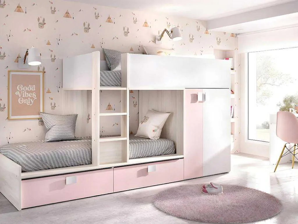 Stapelbed Met Ingebouwde Kast En Opbergruimte 2X90X190Cm - Wit, Eiken En Roze + Matras -Juanito-Vente-unique Outlet