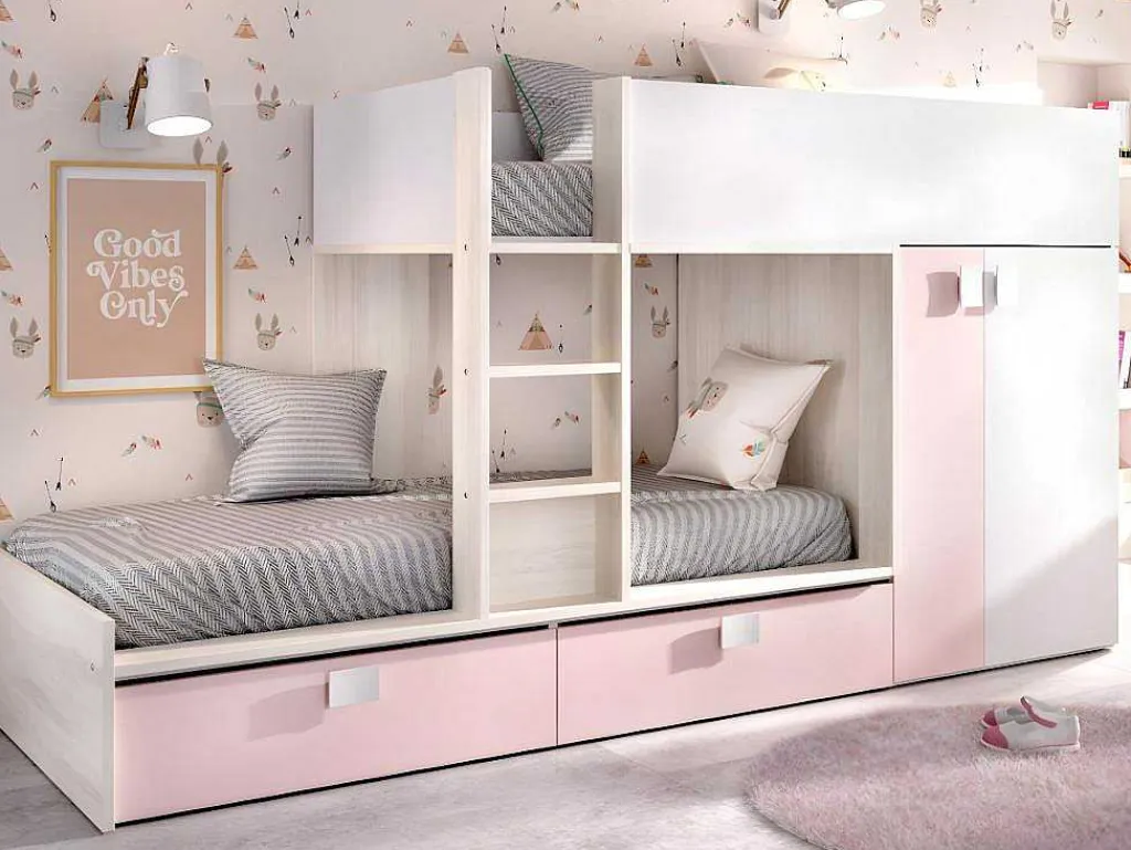 Stapelbed Met Ingebouwde Kast En Opbergruimte 2X90X190Cm - Wit, Eiken En Roze + Matras -Juanito-Vente-unique Outlet
