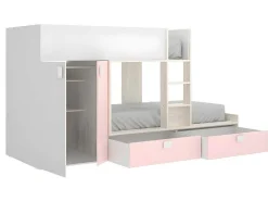 Stapelbed Met Ingebouwde Kast En Opbergruimte 2X90X190Cm - Wit, Eiken En Roze + Matras -Juanito-Vente-unique Outlet