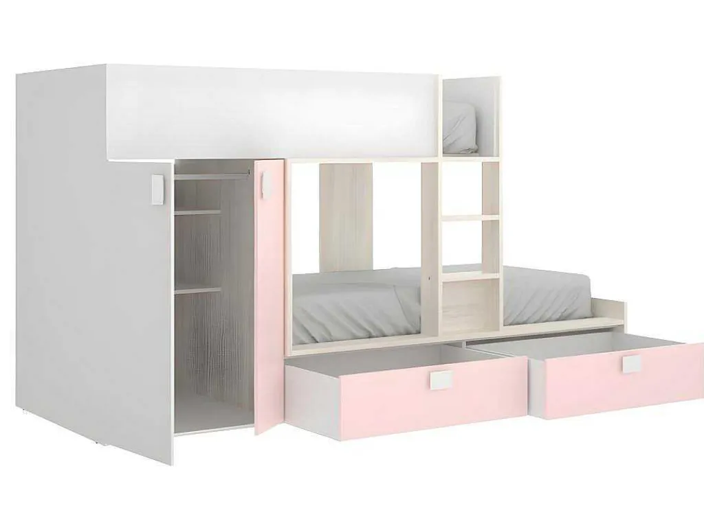 Stapelbed Met Ingebouwde Kast En Opbergruimte 2X90X190Cm - Wit, Eiken En Roze + Matras -Juanito-Vente-unique Outlet