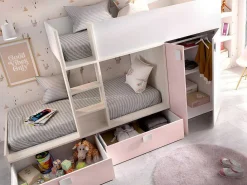 Stapelbed Met Ingebouwde Kast En Opbergruimte 2X90X190Cm - Wit, Eiken En Roze + Matras -Juanito-Vente-unique Outlet