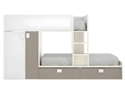 Stapelbed Met Ingebouwde Kast En Opbergruimte 2X90X190Cm - Wit, Eiken En Taupe + Matras - Juanito-Vente-unique Discount