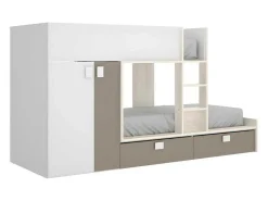 Stapelbed Met Ingebouwde Kast En Opbergruimte 2X90X190Cm - Wit, Eiken En Taupe + Matras - Juanito-Vente-unique Discount
