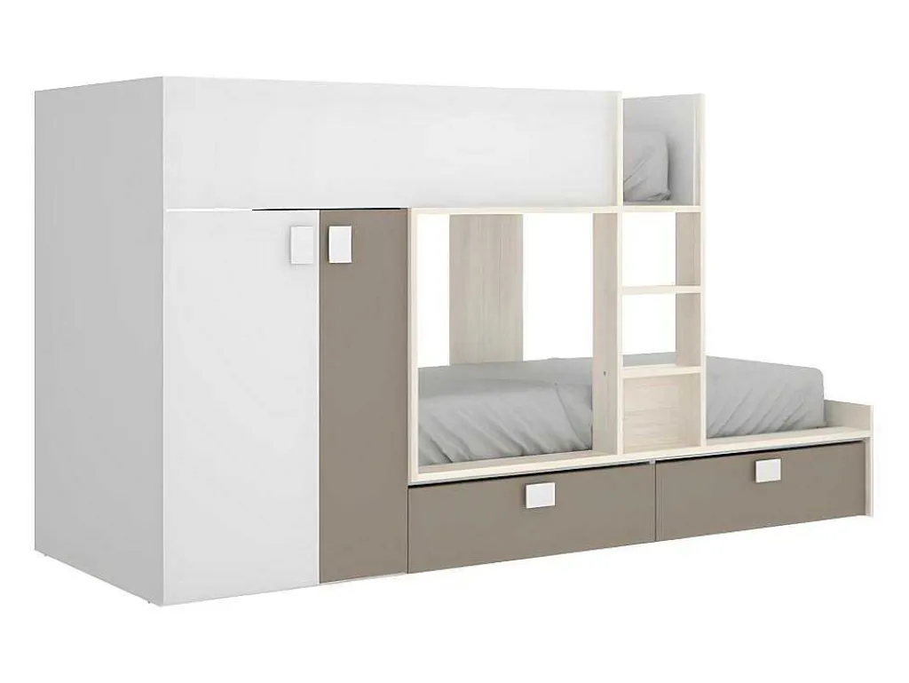 Stapelbed Met Ingebouwde Kast En Opbergruimte 2X90X190Cm - Wit, Eiken En Taupe + Matras - Juanito-Vente-unique Discount