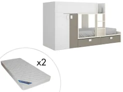 Stapelbed Met Ingebouwde Kast En Opbergruimte 2X90X190Cm - Wit, Eiken En Taupe + Matras - Juanito-Vente-unique Discount