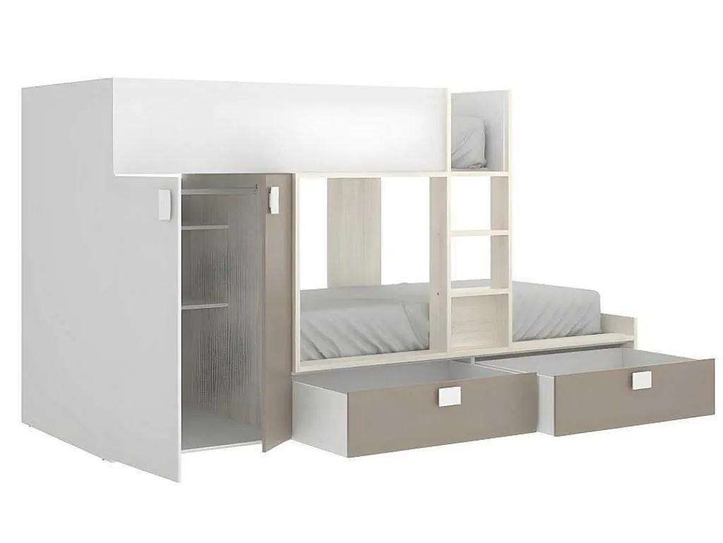 Stapelbed Met Ingebouwde Kast En Opbergruimte 2X90X190Cm - Wit, Eiken En Taupe + Matras - Juanito-Vente-unique Discount