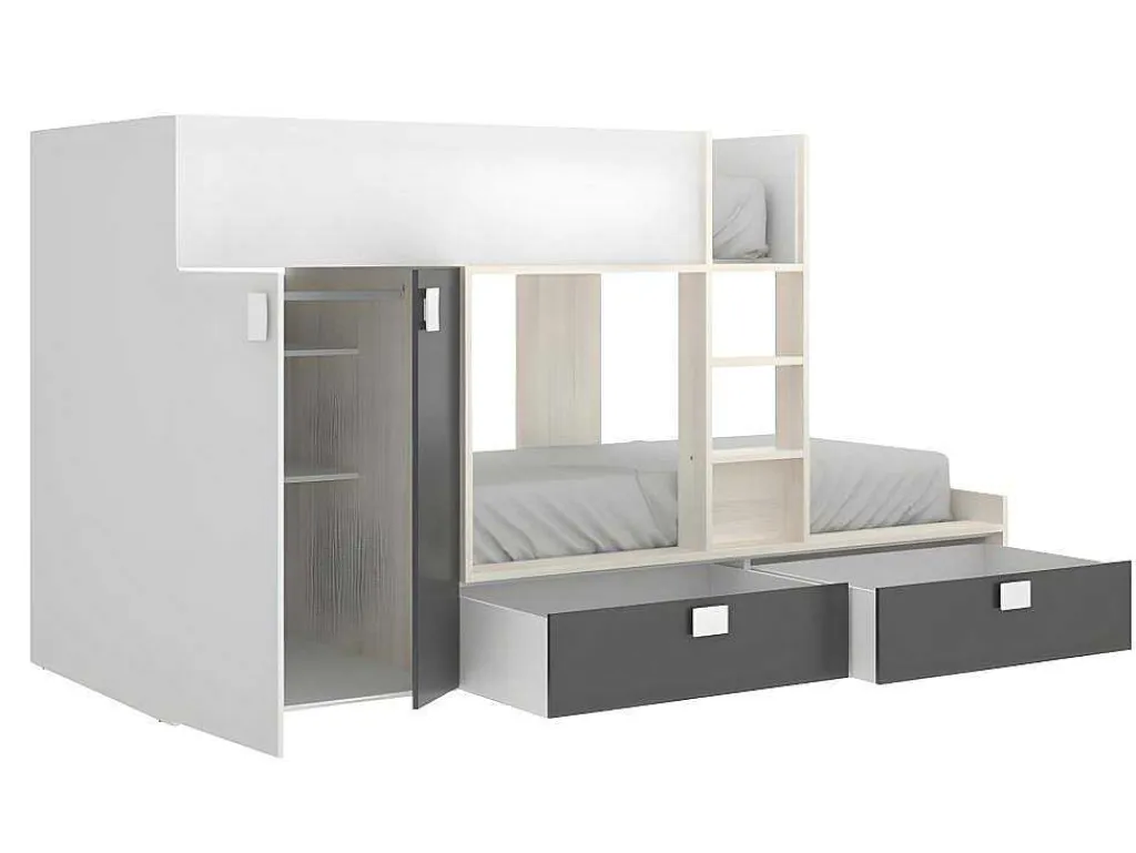 Stapelbed Met Ingebouwde Kast 2 X 90 X 190 Cm - Wit, Eiken En Antraciet + Matras - Juanito-Vente-unique Discount