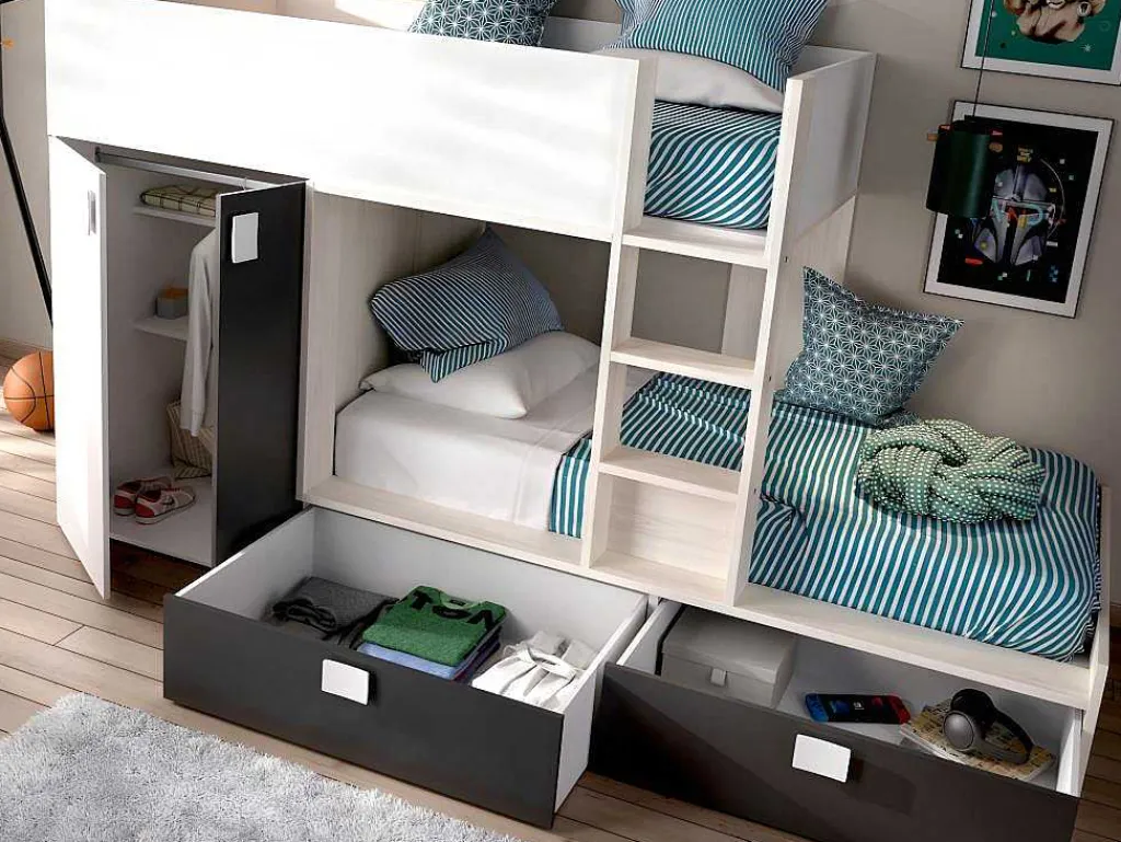 Stapelbed Met Ingebouwde Kast 2 X 90 X 190 Cm - Wit, Eiken En Antraciet + Matras - Juanito-Vente-unique Discount