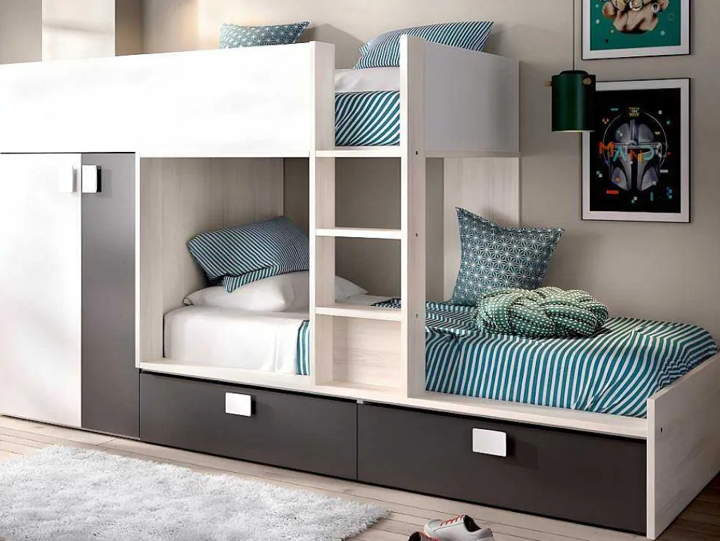 Stapelbed Met Ingebouwde Kast 2 X 90 X 190 Cm - Wit, Eiken En Antraciet + Matras - Juanito-Vente-unique Discount