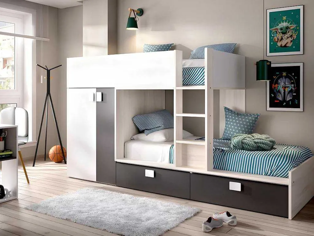 Stapelbed Met Ingebouwde Kast 2 X 90 X 190 Cm - Wit, Eiken En Antraciet + Matras - Juanito-Vente-unique Discount