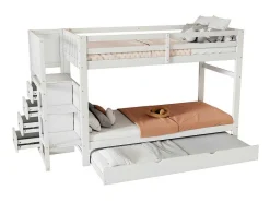 Stapelbed Met Onderschuifbed - Massief Grenenhout - 3X90X200 Cm - Opbergtrap Met 4 Lades - Veiligheidsbarrieres - Wit-ModernLuxe Outlet