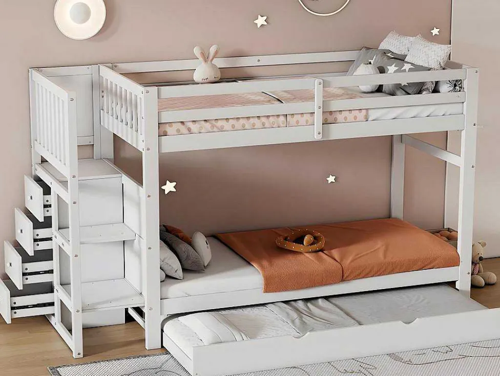 Stapelbed Met Onderschuifbed - Massief Grenenhout - 3X90X200 Cm - Opbergtrap Met 4 Lades - Veiligheidsbarrieres - Wit-ModernLuxe Outlet