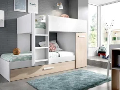Stapelbed Met Onderschuifbed Anthony Met Opbergruimte 3X90X190Cm - Kleuren: Wit En Eik + Matras-Vente-unique Outlet