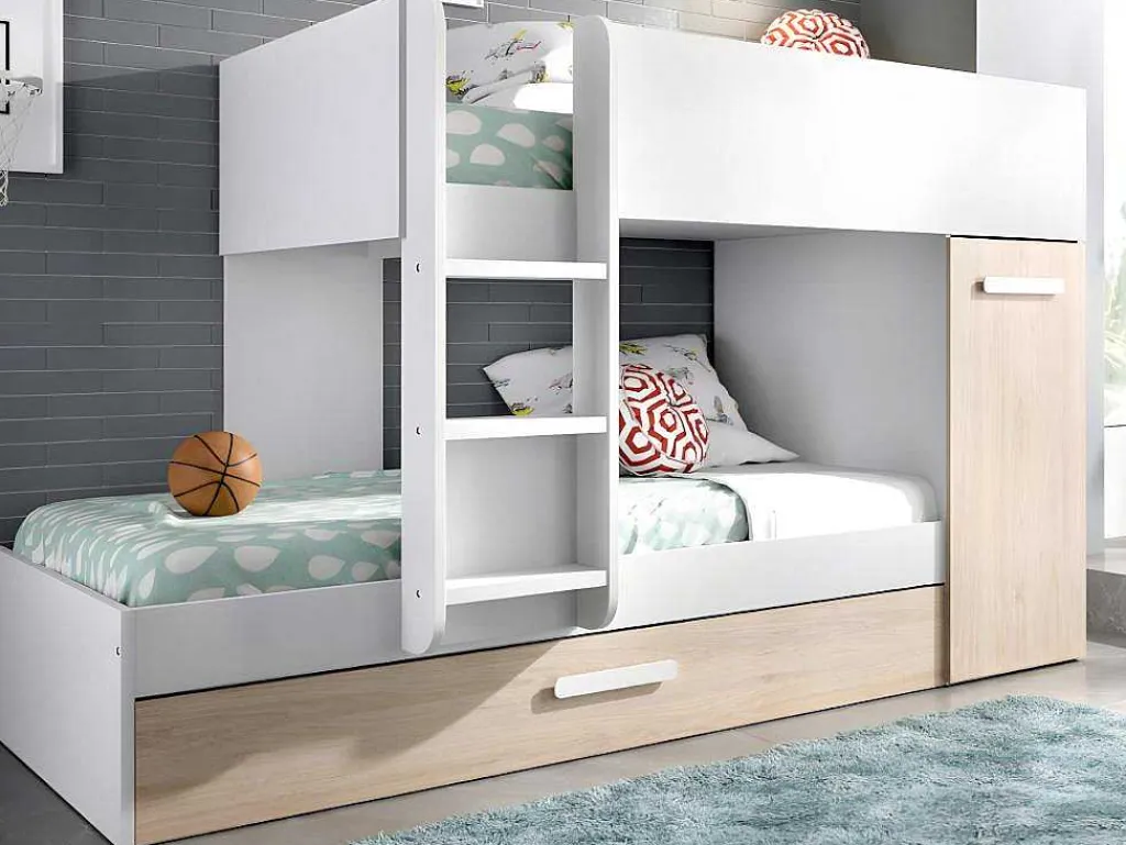 Stapelbed Met Onderschuifbed Anthony Met Opbergruimte 3X90X190Cm - Kleuren: Wit En Eik + Matras-Vente-unique Outlet