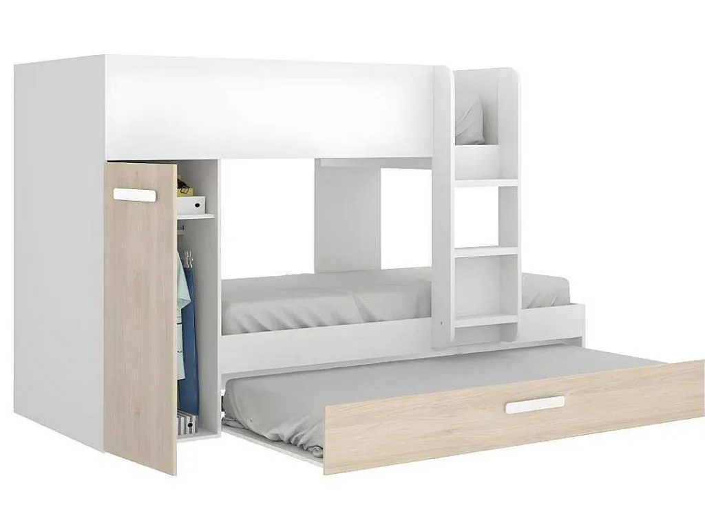 Stapelbed Met Onderschuifbed En Opbergruimte 3X90X190Cm - Wit En Naturel - Anthony-Vente-unique Clearance