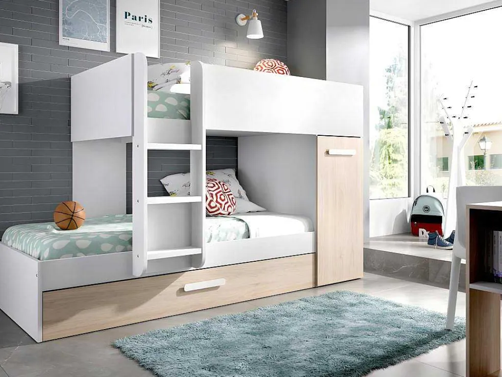 Stapelbed Met Onderschuifbed En Opbergruimte 3X90X190Cm - Wit En Naturel - Anthony-Vente-unique Clearance