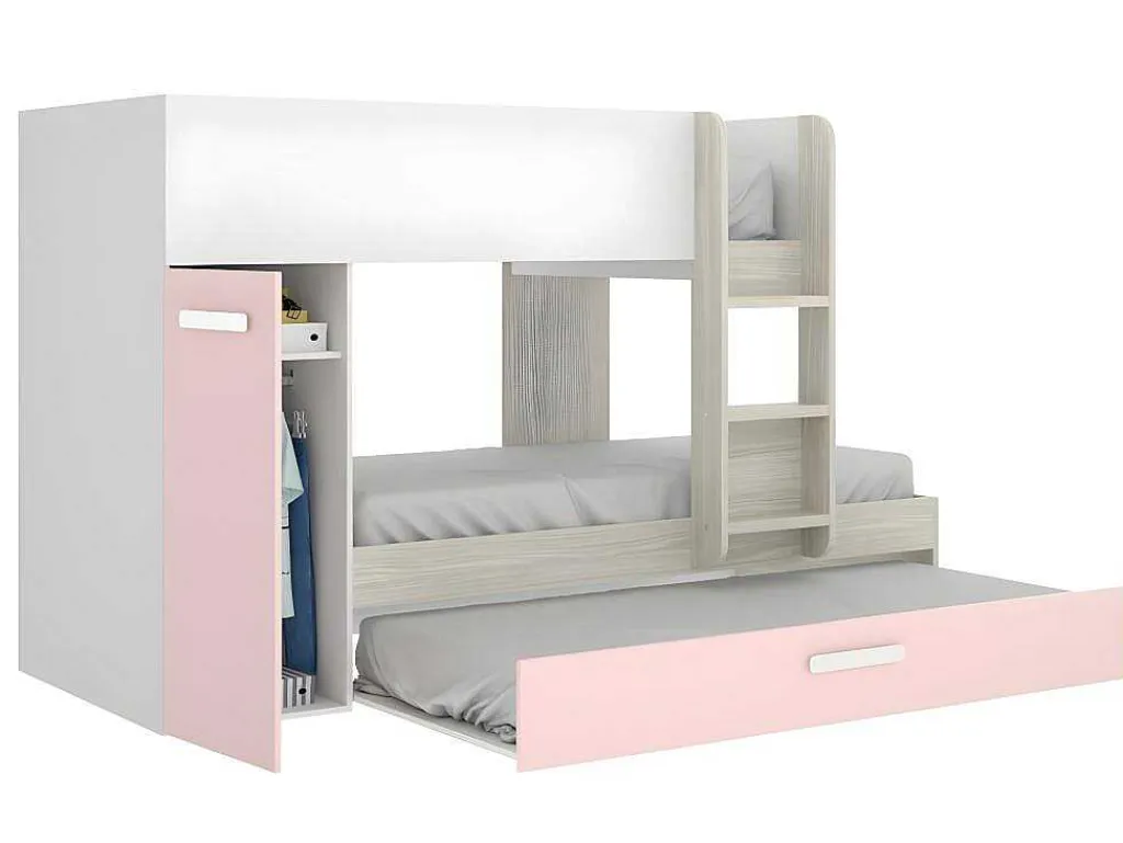 Stapelbed Met Opbergruimtes 3 X 90 X 190 Cm - Wit, Naturel En Roze - Met Matras - Anthony-Vente-unique Discount