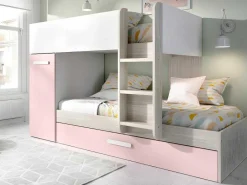 Stapelbed Met Opbergruimtes 3 X 90 X 190 Cm - Wit, Naturel En Roze - Met Matras - Anthony-Vente-unique Discount