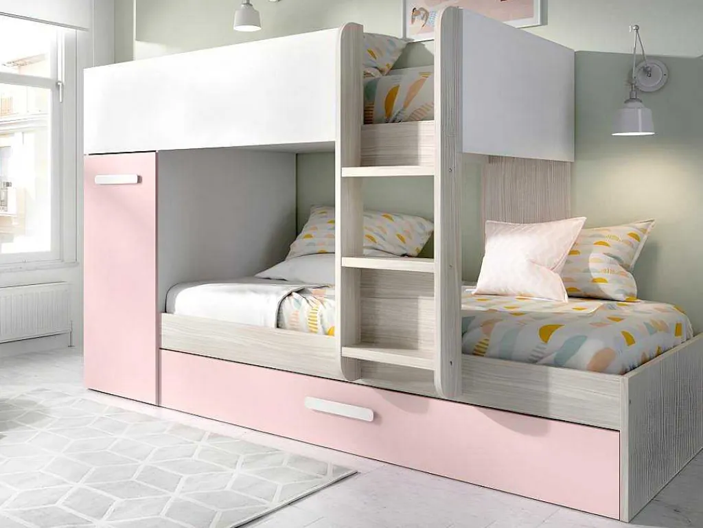 Stapelbed Met Opbergruimtes 3 X 90 X 190 Cm - Wit, Naturel En Roze - Met Matras - Anthony-Vente-unique Discount