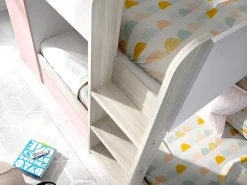 Stapelbed Met Opbergruimtes 3 X 90 X 190 Cm - Wit, Naturel En Roze - Met Matras - Anthony-Vente-unique Discount