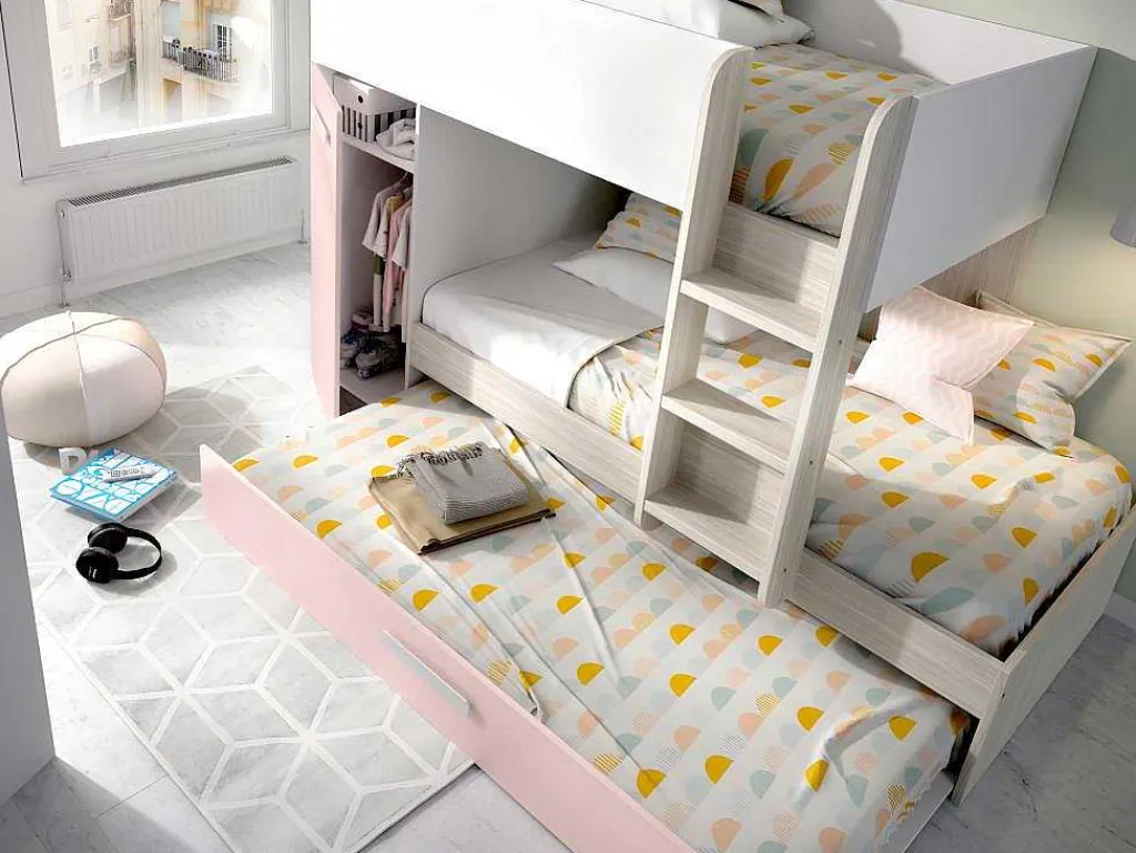 Stapelbed Met Opbergruimtes 3 X 90 X 190 Cm - Wit, Naturel En Roze - Met Matras - Anthony-Vente-unique Discount